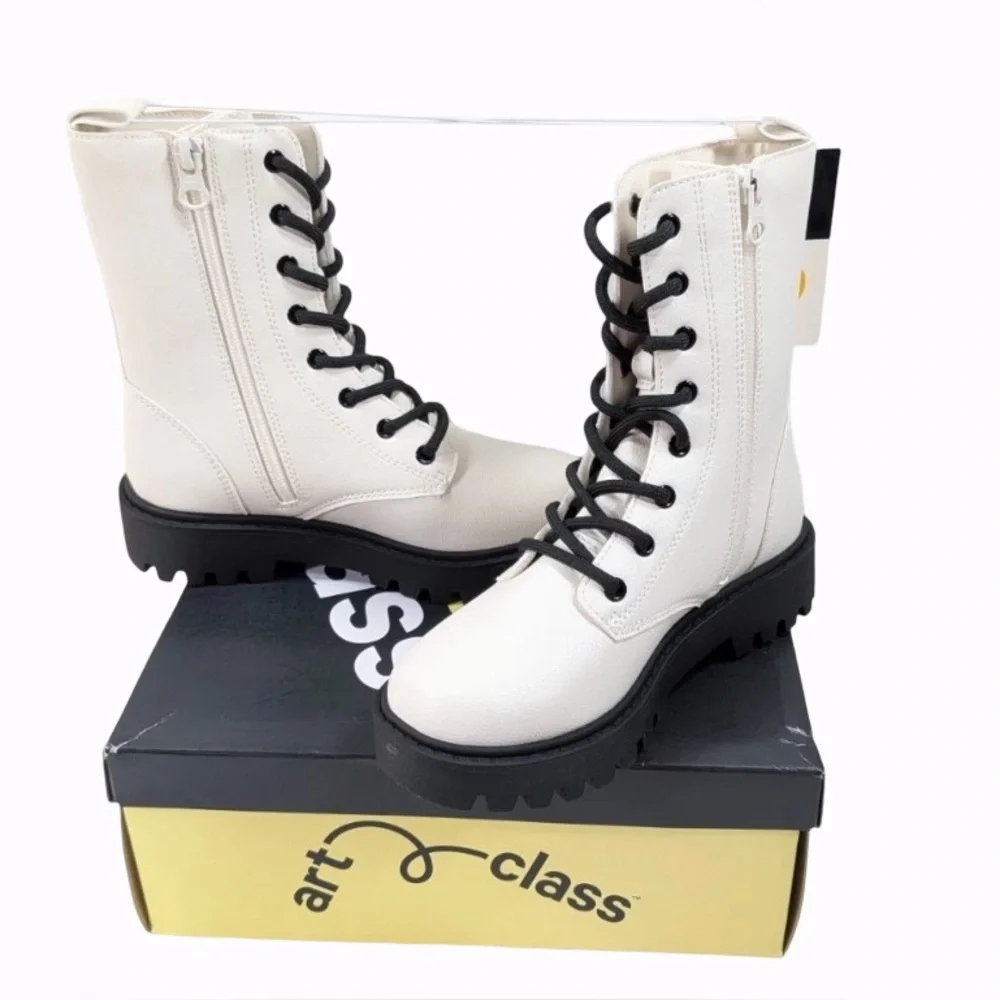 Art Class Combat Boots Khari Girls Sz 1 Cream Lace Up Zip Chunky New  NIB
